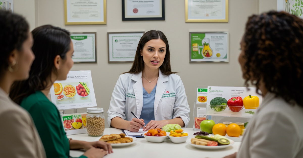 Registered dietitian in white lab coat conducting nutrition counseling session with three clients, discussing healthy eating with food models, fresh produce, and educational charts displayed on the table in a clinical setting