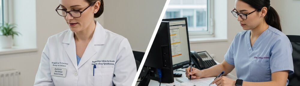 Registered Dietitian in white coat reviewing patient chart compared to Dietetic Technician in scrubs planning meals at desk, illustrating RD vs DTR career differences