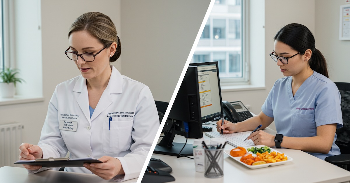 Registered Dietitian in white coat reviewing patient chart compared to Dietetic Technician in scrubs planning meals at desk, illustrating RD vs DTR career differences