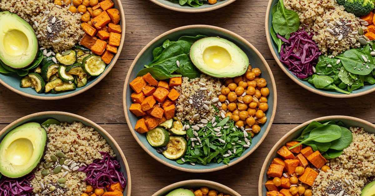 Colorful plant-based meal prep bowls with quinoa, roasted sweet potatoes, chickpeas, avocado, and fresh greens arranged on wooden table