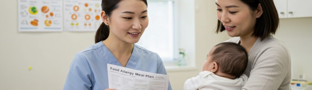 Pediatric nutritionist in blue scrubs showing a food allergy meal plan to mother holding infant during FPIES nutrition consultation, with food charts visible on clinic wall.