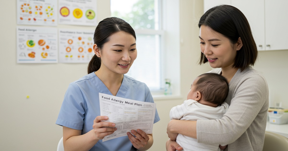 Pediatric nutritionist in blue scrubs showing a food allergy meal plan to mother holding infant during FPIES nutrition consultation, with food charts visible on clinic wall.