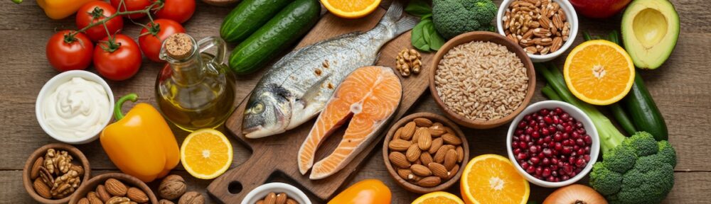 Overhead view of Mediterranean diet foods on wooden table including fresh salmon, olive oil, colorful vegetables, whole grains, nuts, and citrus fruits representing healthy eating patterns