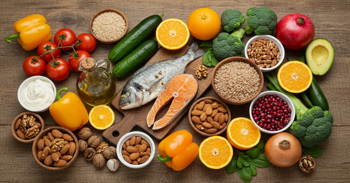 Overhead view of Mediterranean diet foods on wooden table including fresh salmon, olive oil, colorful vegetables, whole grains, nuts, and citrus fruits representing healthy eating patterns