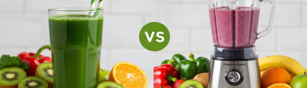Green juice glass and blender with berry smoothie comparing juicing vs blending methods with fresh produce