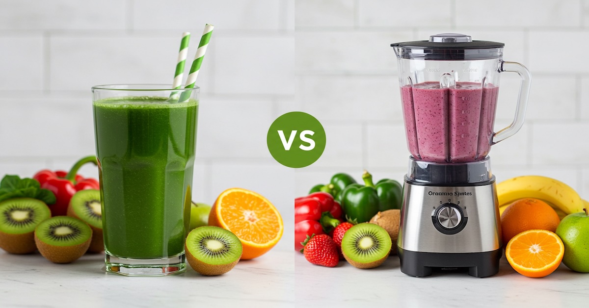 juicing-vs-blending-comparison-green-juice-berry-smoothie - nutritioned.org Green juice glass and blender with berry smoothie comparing juicing vs blending methods with fresh produce