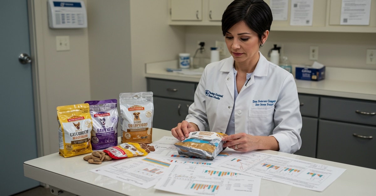Veterinary nutritionist examining pet food packages and nutritional data charts in clinical setting.