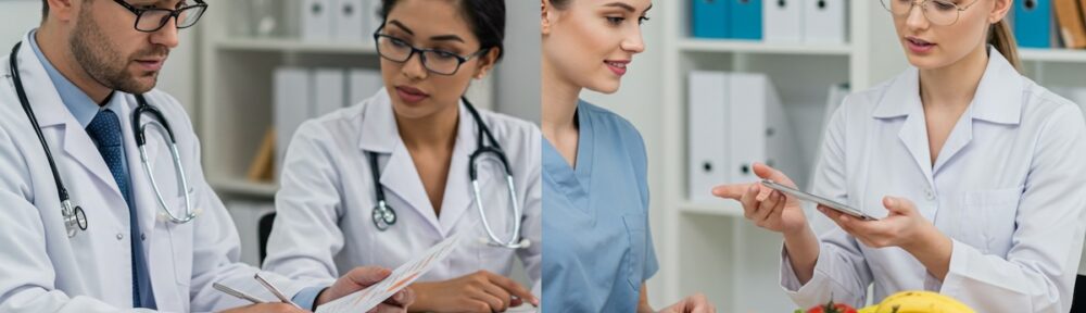 Medical doctors reviewing patient charts while nutritionist conducts dietary consultation with fresh produce including colorful bell peppers and fruit in modern clinical office
