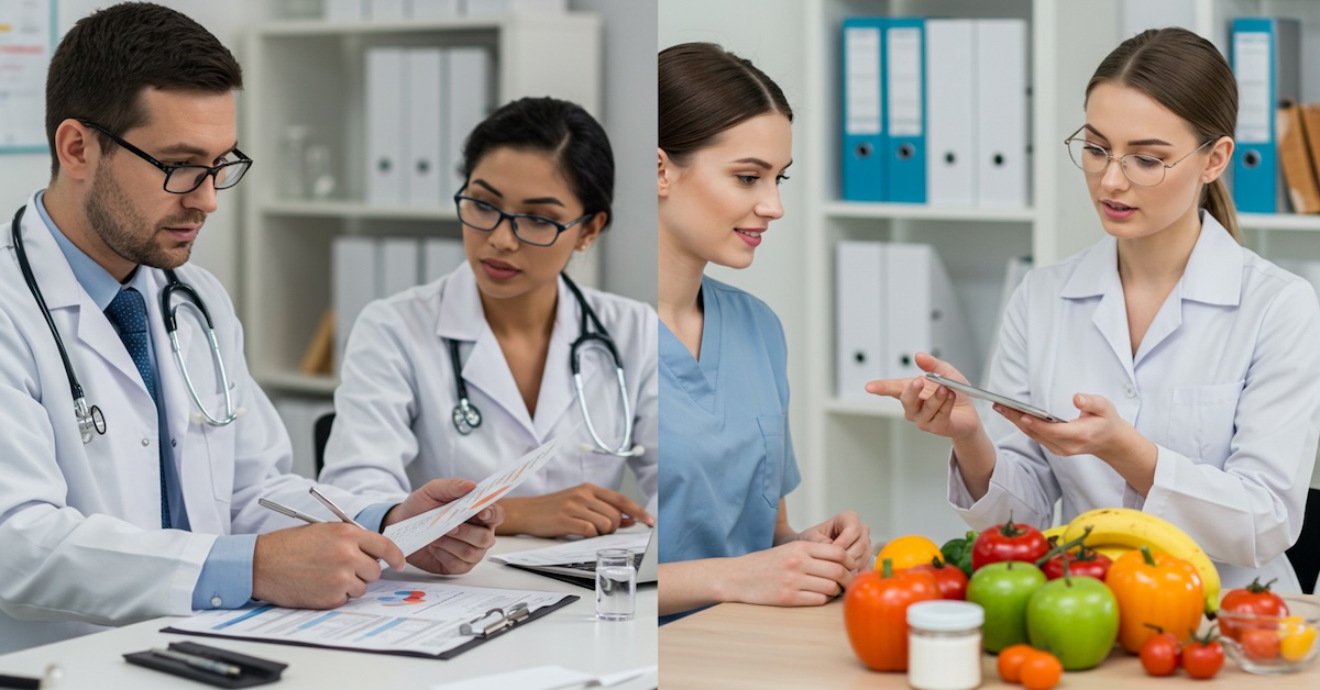 Medical doctors reviewing patient charts while nutritionist conducts dietary consultation with fresh produce including colorful bell peppers and fruit in modern clinical office