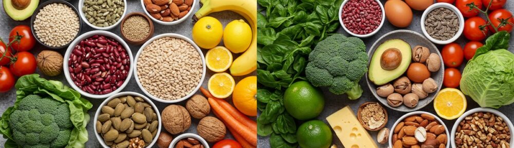 Side-by-side comparison of vegan foods (left) and vegetarian foods with dairy and eggs (right) arranged on gray surface