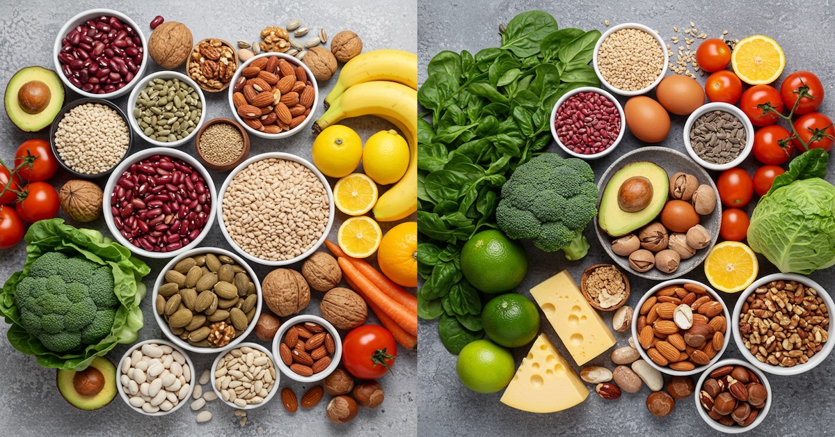 Side-by-side comparison of vegan foods (left) and vegetarian foods with dairy and eggs (right) arranged on gray surface