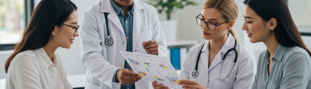 Registered dietitians and healthcare team reviewing insurance coverage charts and medical nutrition therapy billing documentation in clinical office