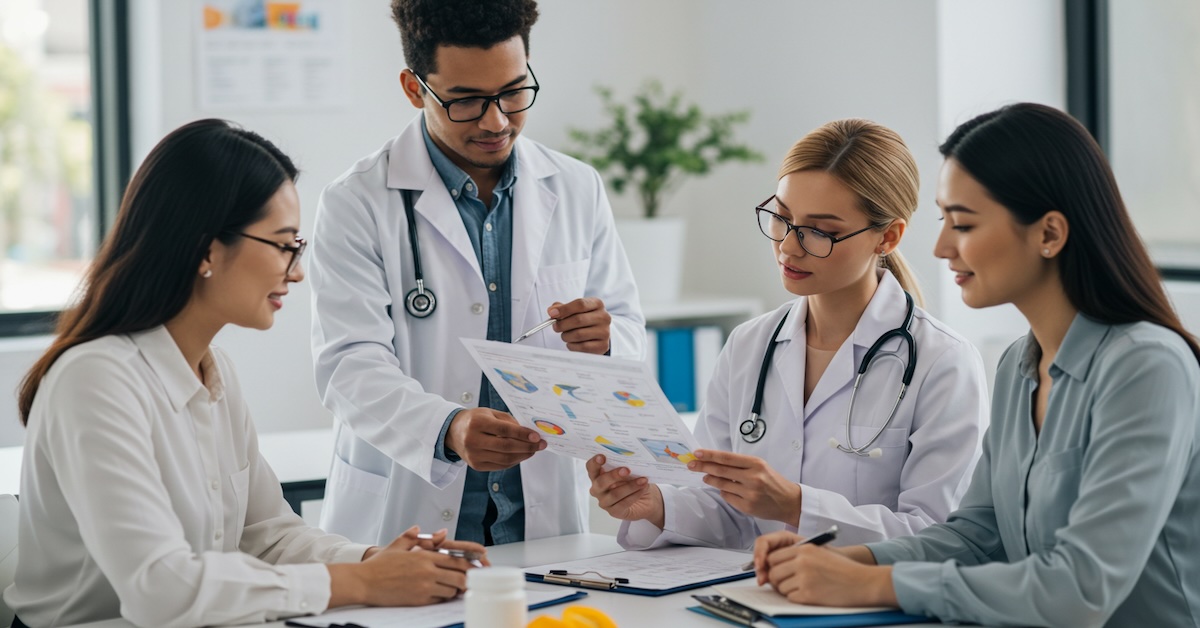 registered-dietitian-insurance-billing-meeting - nutritioned.org Registered dietitians and healthcare team reviewing insurance coverage charts and medical nutrition therapy billing documentation in clinical office