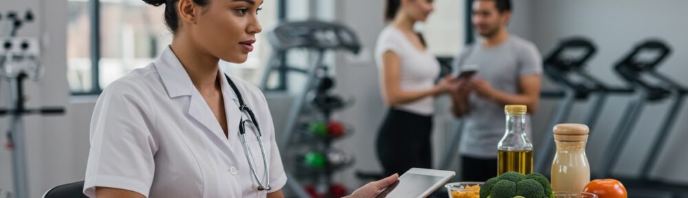 Certified nutritionist in white coat reviewing tablet and meal plan with fresh vegetables and healthy food on table in modern fitness center with clients exercising in background