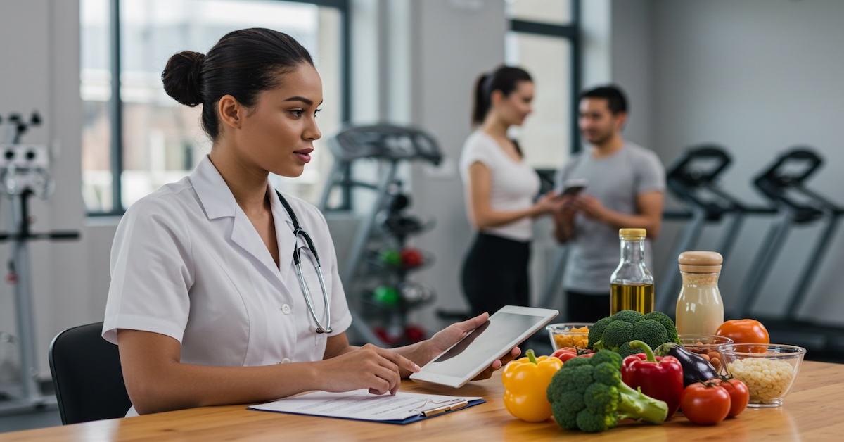 certified-nutritionist-coaching-client-fitness-center-meal-planning - nutritioned.org Certified nutritionist in white coat reviewing tablet and meal plan with fresh vegetables and healthy food on table in modern fitness center with clients exercising in background