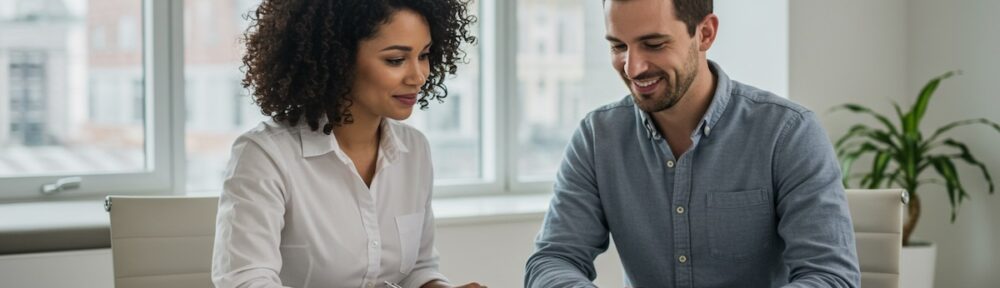 Professional nutritionist consulting with prospective student about education timeline and career planning in modern office setting.