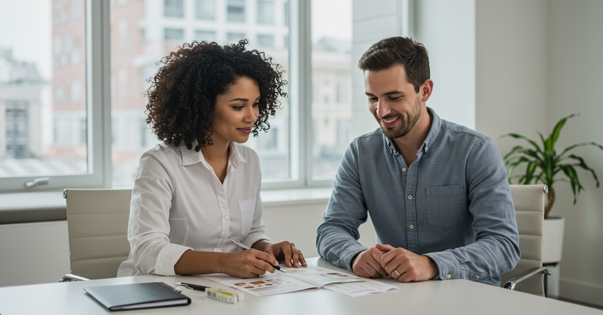 nutritionist-career-consultation-planning-education-timeline - nutritioned.org Professional nutritionist consulting with prospective student about education timeline and career planning in modern office setting.