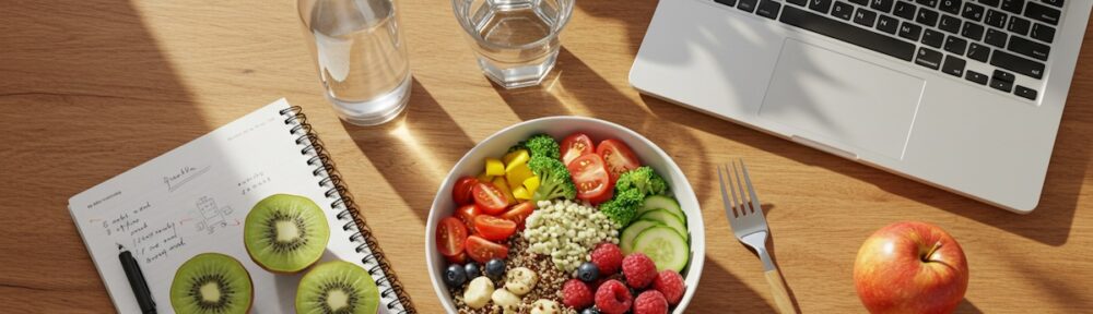 Productive workspace with healthy lunch bowl containing quinoa, fresh vegetables, berries, and nuts next to laptop, water bottle, notebook with kiwi slices, and apple on wooden desk.