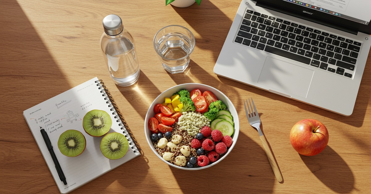 Productive workspace with healthy lunch bowl containing quinoa, fresh vegetables, berries, and nuts next to laptop, water bottle, notebook with kiwi slices, and apple on wooden desk.