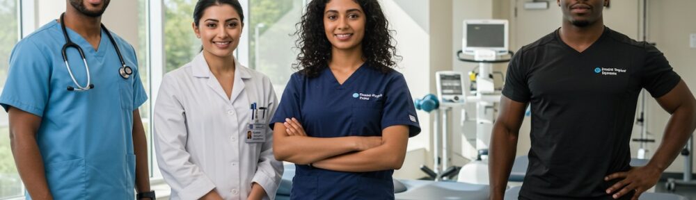 Diverse group of health professionals including nurse, dietitian, registered nurse, and physical therapist standing together in modern healthcare facility with rehabilitation equipment.