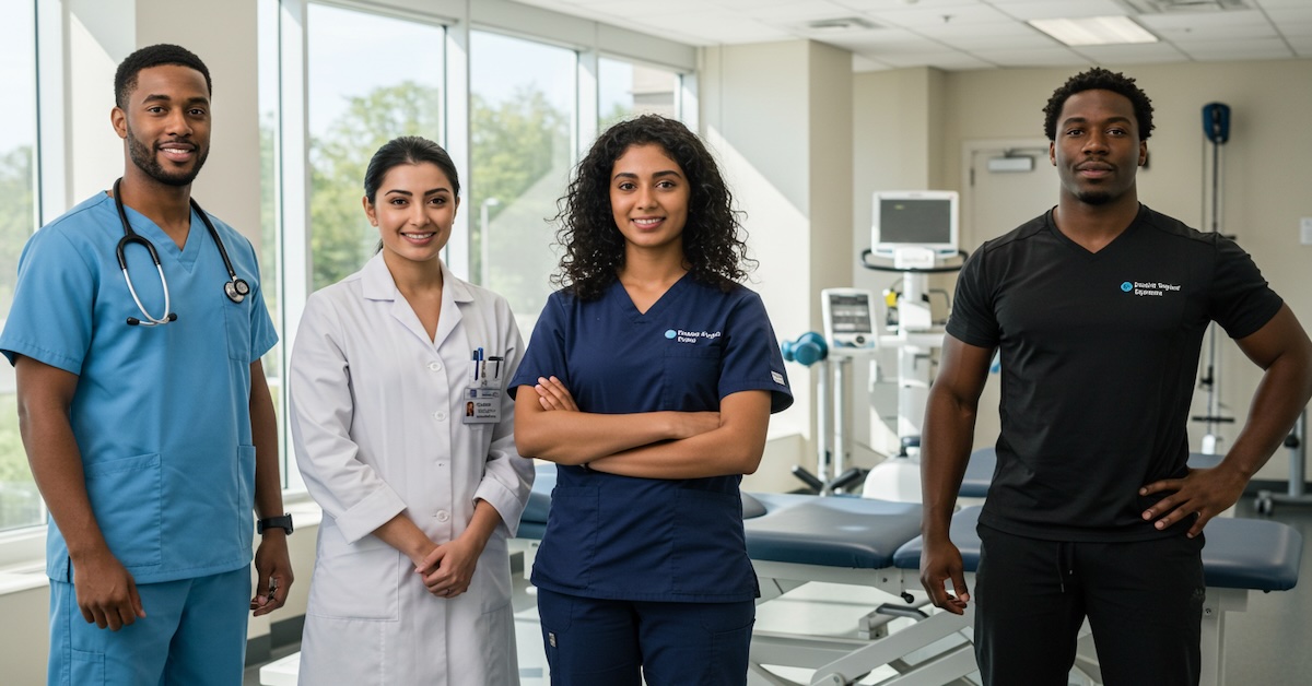 Diverse group of health professionals including nurse, dietitian, registered nurse, and physical therapist standing together in modern healthcare facility with rehabilitation equipment.