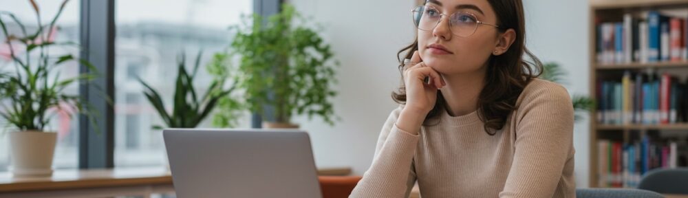 Thoughtful young woman student with laptop and textbooks in library considering nutrition degree and career path