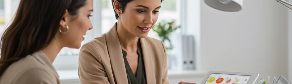 Professional nutritionist consulting with female client reviewing personalized nutrition plan on tablet in modern office