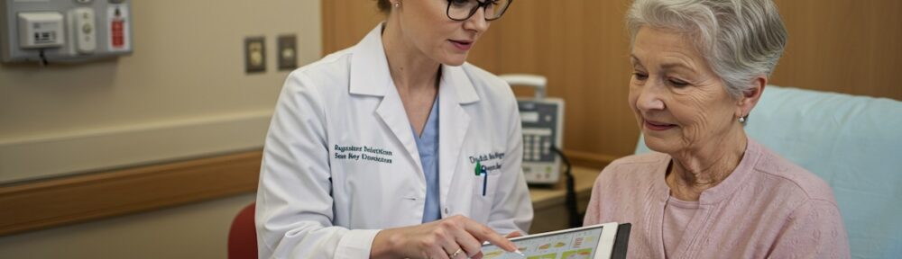 Registered dietitian in white coat reviewing nutrition care plan on tablet with elderly female patient in hospital room
