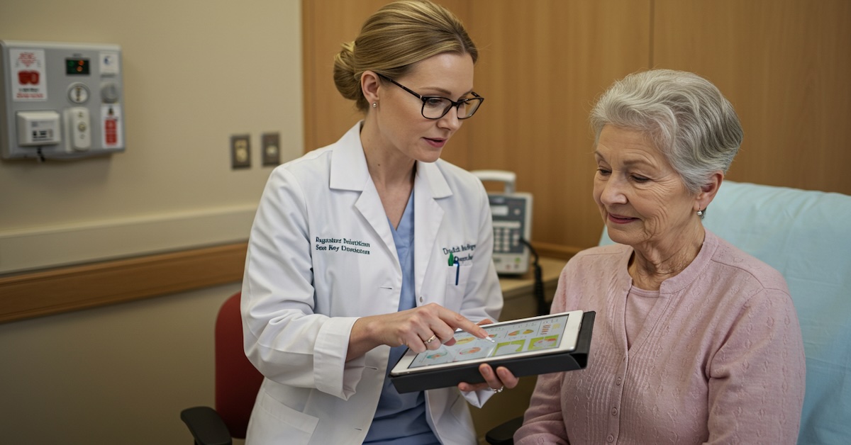 registered-dietitian-consulting-elderly-patient-hospital - nutritioned.org Registered dietitian in white coat reviewing nutrition care plan on tablet with elderly female patient in hospital room