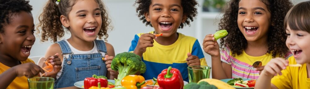 Diverse group of happy children eating colorful vegetables and plant-based foods at table together