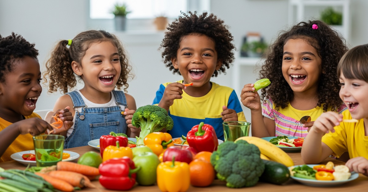 Diverse group of happy children eating colorful vegetables and plant-based foods at table together