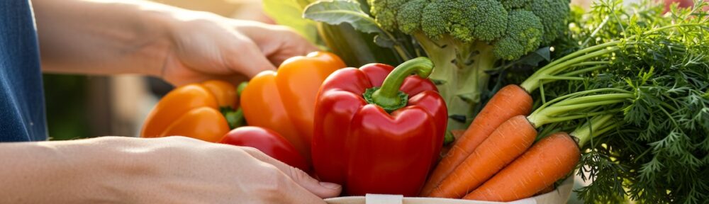 Person holding reusable bag filled with fresh vegetables including broccoli carrots peppers and herbs for sustainable nutrition shopping