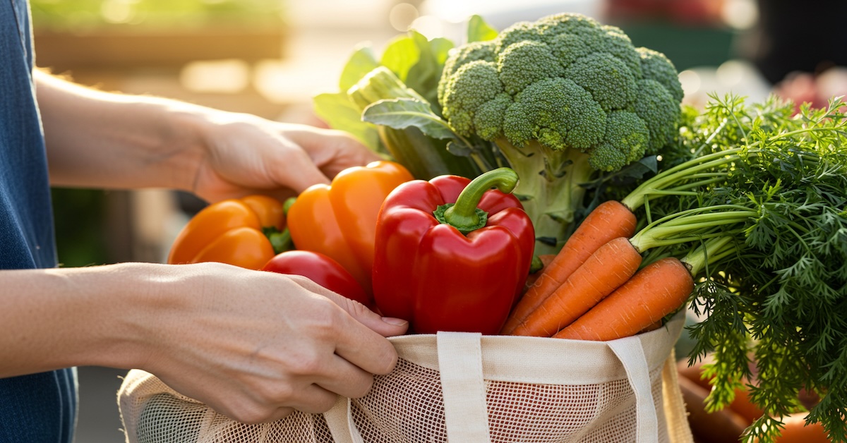 Person holding reusable bag filled with fresh vegetables including broccoli carrots peppers and herbs for sustainable nutrition shopping