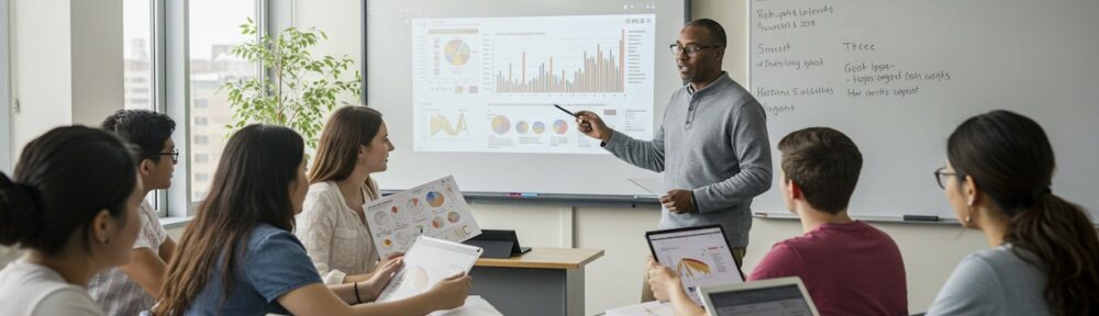 Professor teaching nutrition education class with diverse students analyzing health data and metrics on digital devices in modern university classroom
