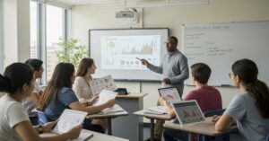 Professor teaching nutrition education class with diverse students analyzing health data and metrics on digital devices in modern university classroom