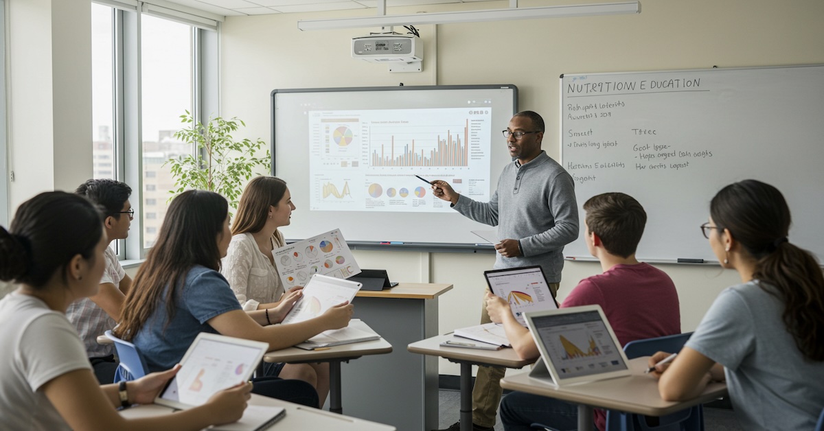 Professor teaching nutrition education class with diverse students analyzing health data and metrics on digital devices in modern university classroom