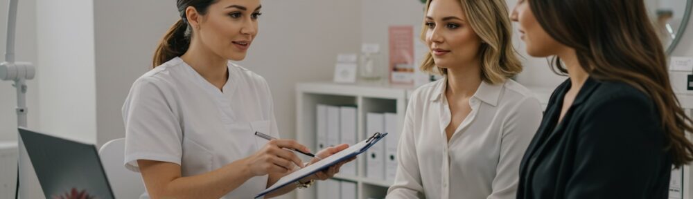 Hormone nutritionist discussing personalized nutrition plan with clients alongside fresh vegetables and healthy hormone-balancing foods in wellness clinic