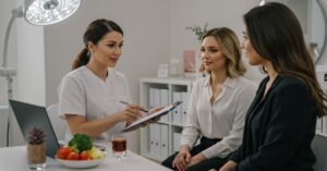 Hormone nutritionist discussing personalized nutrition plan with clients alongside fresh vegetables and healthy hormone-balancing foods in wellness clinic