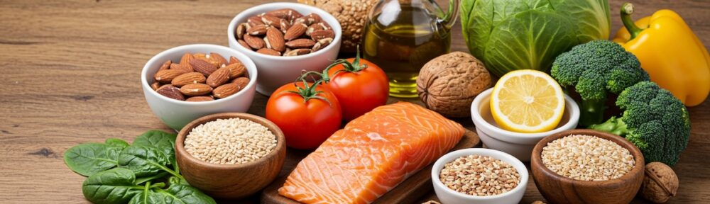 longevity nutrition diet foods including salmon, nuts, whole grains, leafy greens, broccoli, tomatoes, olive oil and vegetables arranged on wooden table representing healthy aging meal plan
