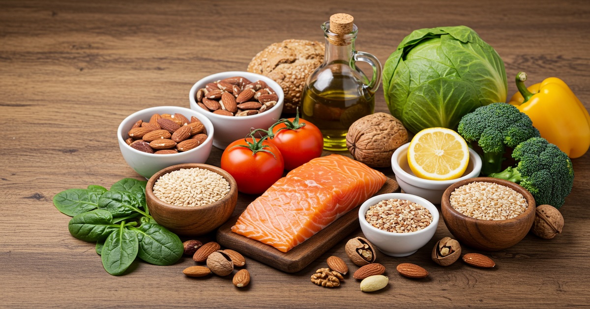 longevity nutrition diet foods including salmon, nuts, whole grains, leafy greens, broccoli, tomatoes, olive oil and vegetables arranged on wooden table representing healthy aging meal plan