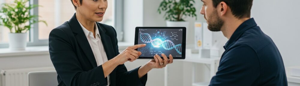 Nutrigenomics specialist showing DNA genetic analysis on tablet to client during personalized nutrition consultation