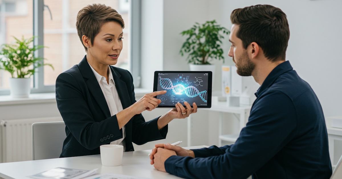 nutrigenomics-consultation-dna-analysis-tablet - nutritioned.org Nutrigenomics specialist showing DNA genetic analysis on tablet to client during personalized nutrition consultation