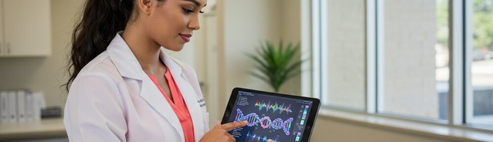 Registered dietitian reviewing nutritional genomics DNA report on digital tablet in clinical setting