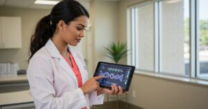 Registered dietitian reviewing nutritional genomics DNA report on digital tablet in clinical setting