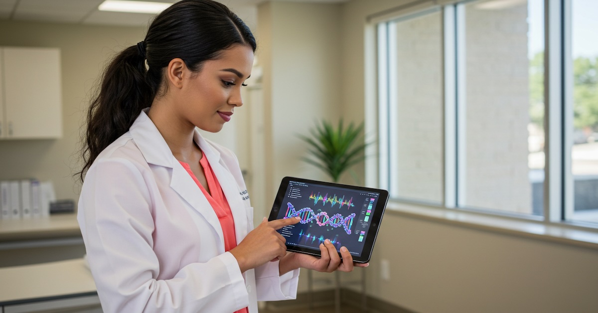 nutrigenomics-specialist-analyzing-dna-genetic-data-tablet - nutritioned.org Registered dietitian reviewing nutritional genomics DNA report on digital tablet in clinical setting