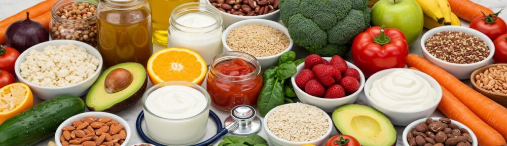 Diverse array of gut-healthy foods including fermented yogurt, fresh vegetables like broccoli and avocados, whole grains, legumes, nuts, berries, and citrus fruits arranged on white marble surface with medical stethoscope, representing nutritionist's approach to digestive health