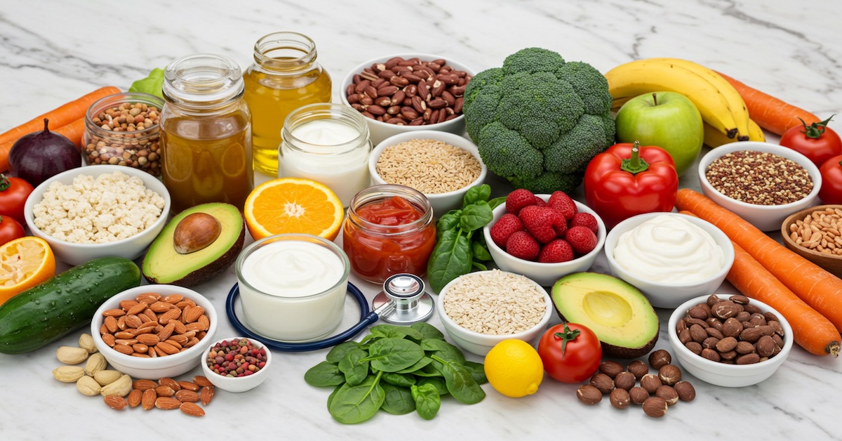 Diverse array of gut-healthy foods including fermented yogurt, fresh vegetables like broccoli and avocados, whole grains, legumes, nuts, berries, and citrus fruits arranged on white marble surface with medical stethoscope, representing nutritionist's approach to digestive health
