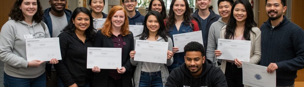 Diverse group of nutrition and dietetics students holding ACEND-accredited program scholarship certificates in modern university setting
