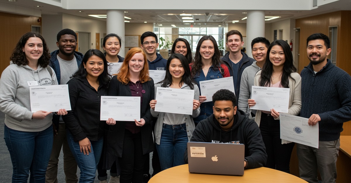 Diverse group of nutrition and dietetics students holding ACEND-accredited program scholarship certificates in modern university setting