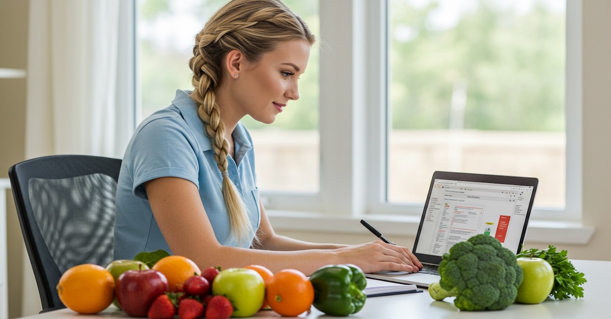 Online nutrition student studying ACEND-accredited dietetics coursework on laptop with fresh fruits and vegetables including oranges, apples, strawberries, bell peppers, and broccoli on desk in bright home office